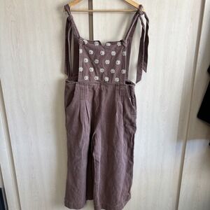 Davi & Dani Womens Large OVERALLS Brown w/Daises Cotton Smock Ties Boho